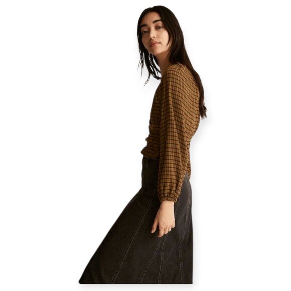 Madewell Tie-Back Cutout Puff Sleeve Top in Plaid in Spiced Olive size S EUC - Picture 5 of 16